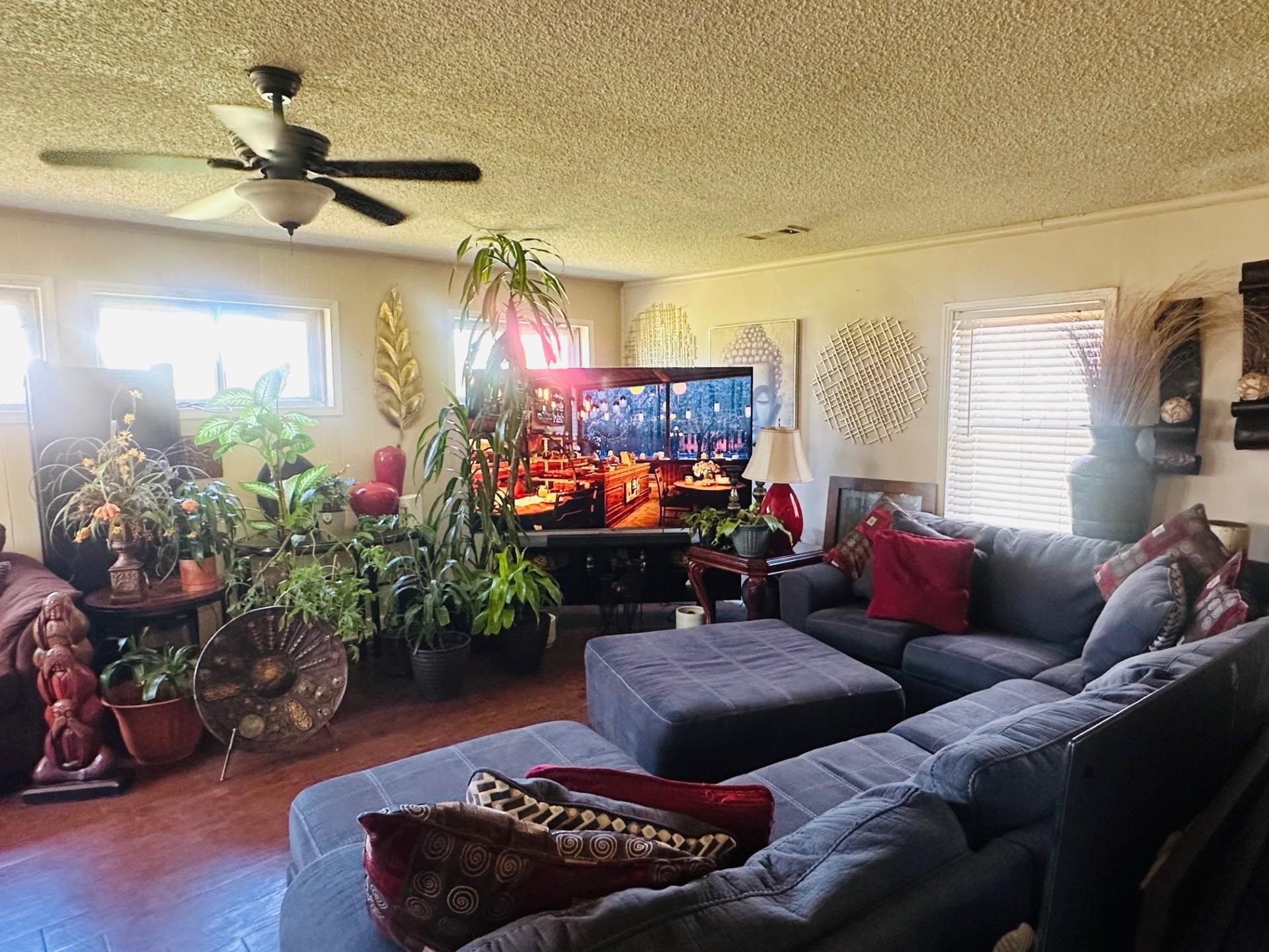 4775 Stacey Road Memphis, TN 38109 - Photo 3 of 13 Living area featuring ceiling fan, a textured ceiling, and wood finished floors