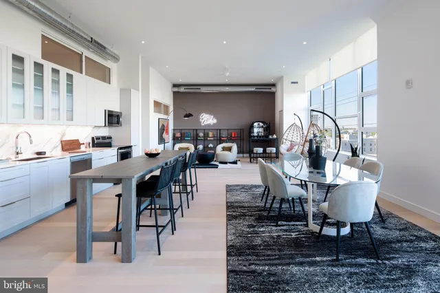 a view of a dining room with furniture