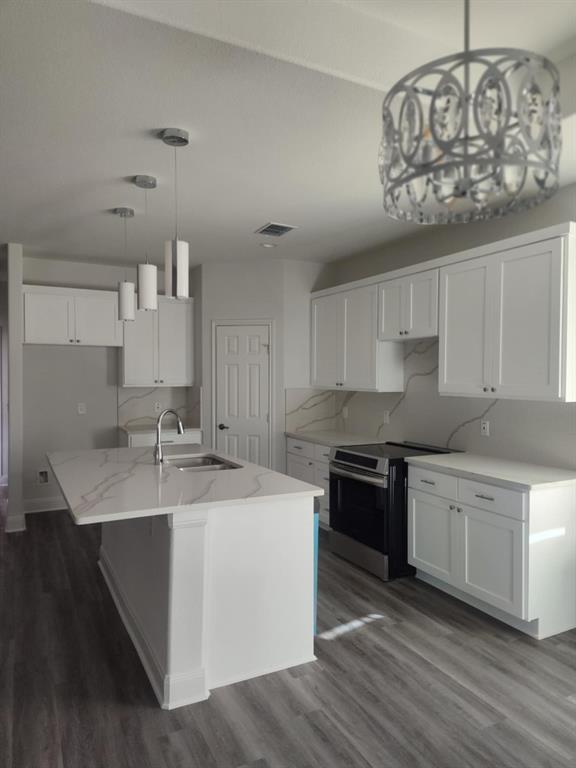 20008 Boggy Ford Road Lago Vista, TX 78645 - Photo 12 of 17 Kitchen featuring pendant lighting, white cabinets, stainless steel electric range, and dark wood-style flooring
