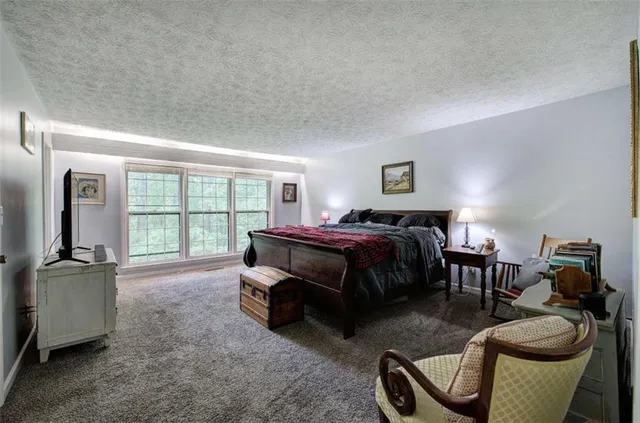 a spacious bedroom with a bed and a couch