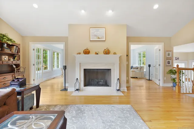 a living room with furniture and a fireplace