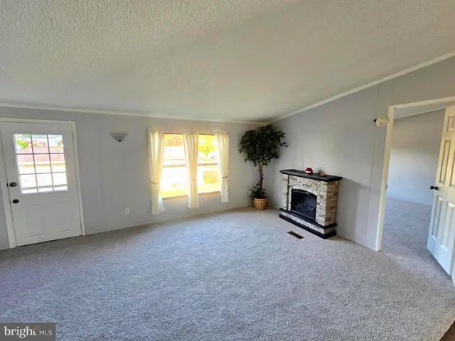 a view of empty room with a fireplace