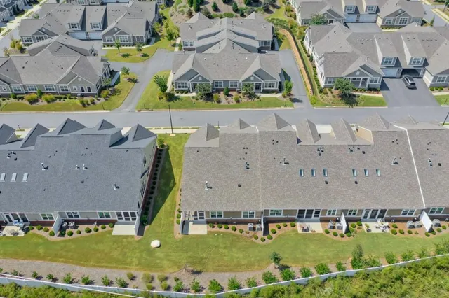 an aerial view of a swimming pool