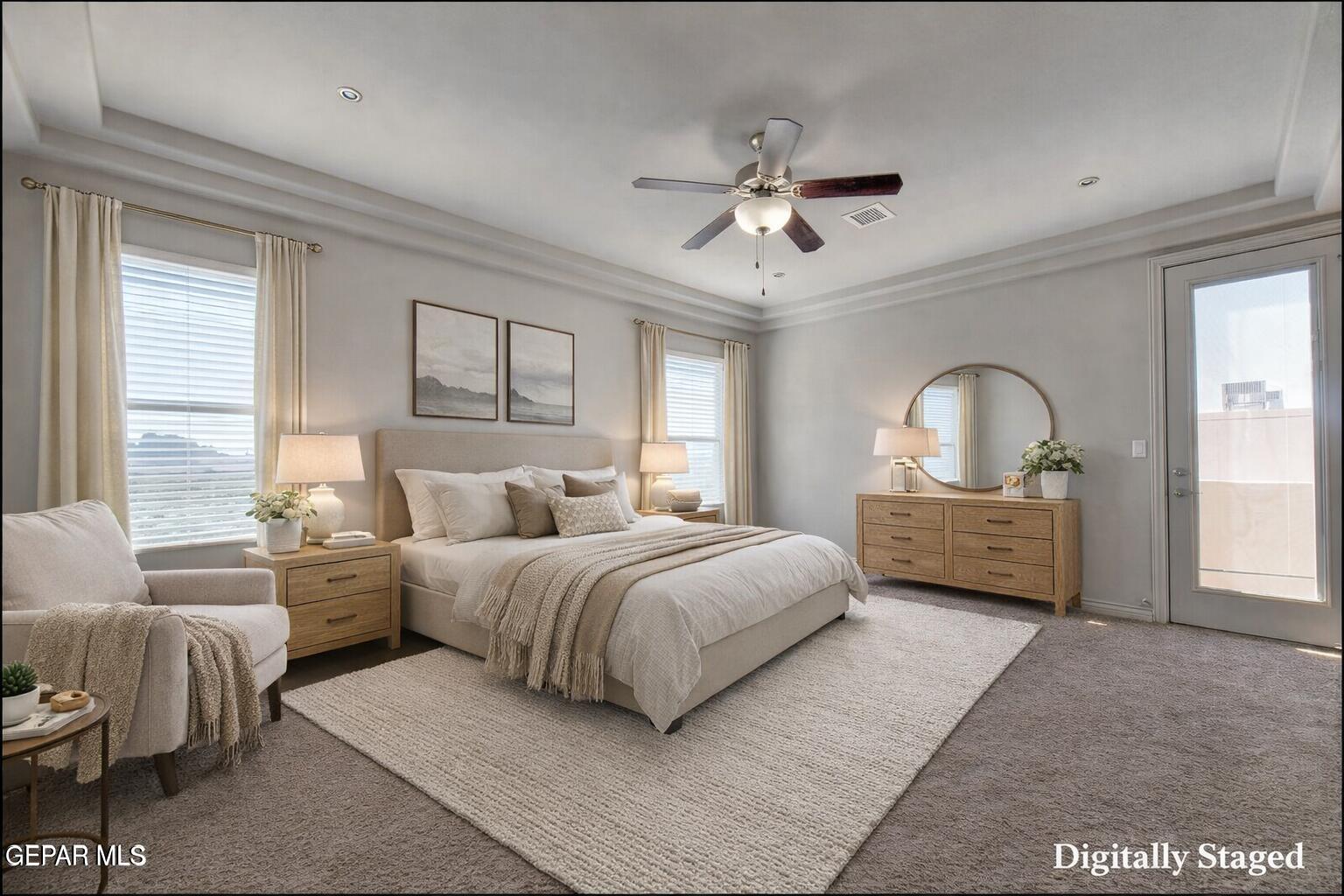 401 Ana Way, Unit B El Paso, TX 79912 - Photo 53 of 54 a spacious bedroom with a bed a couches and large windows