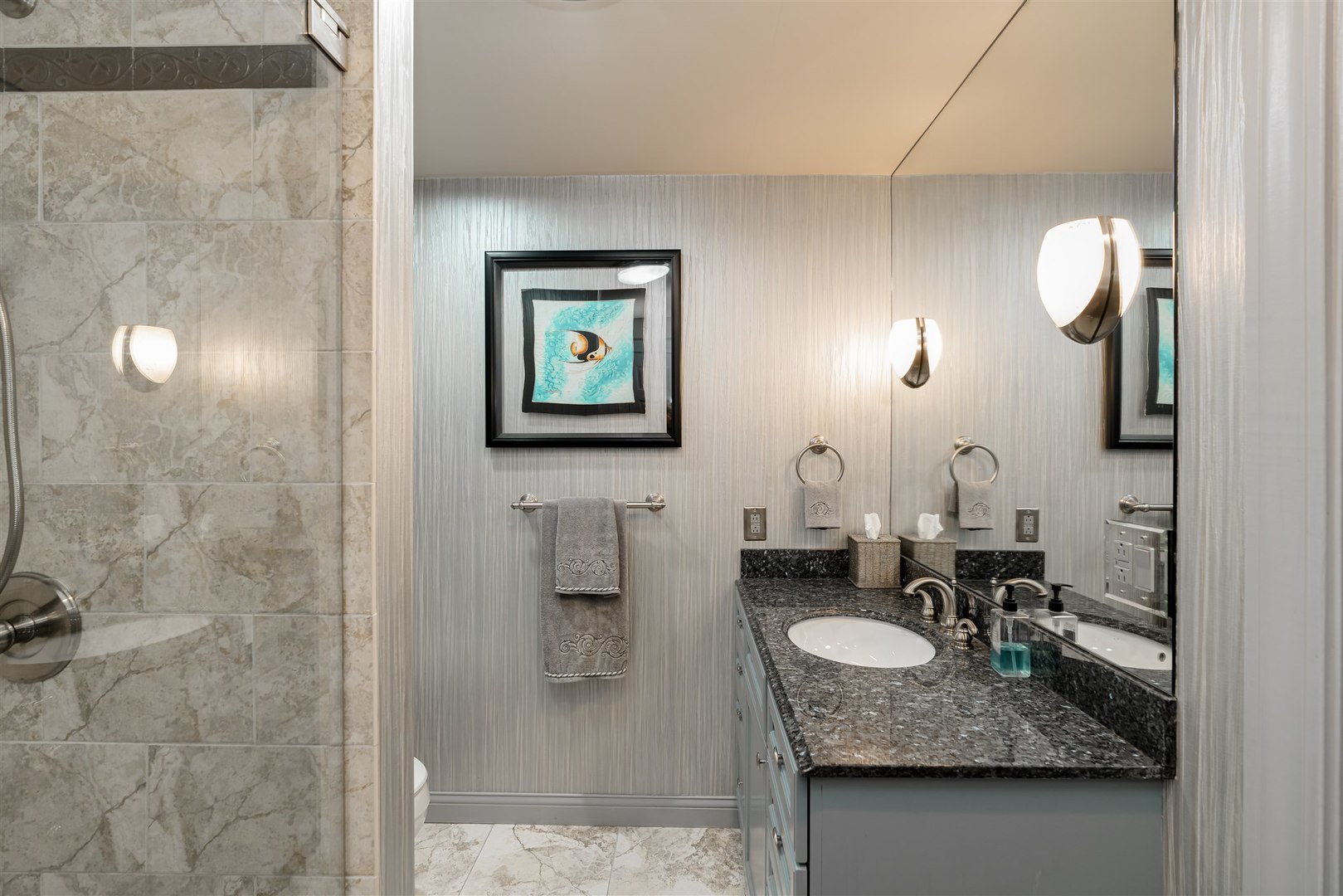 219 Parkview Drive Bloomington, IL 61701 - Photo 46 of 60 a bathroom with a granite countertop sink and a mirror
