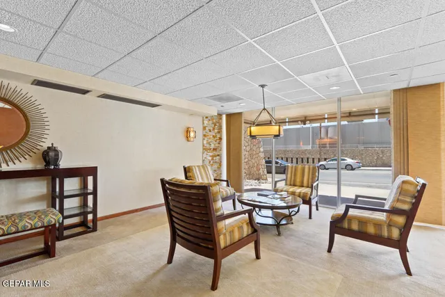a living room with furniture a lamp and a potted plant