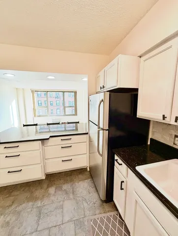 a kitchen with a refrigerator and a sink