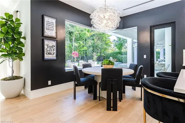 a view of a dining room with furniture window and chandelier