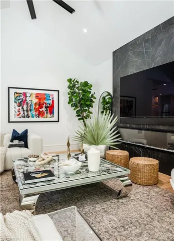a living room with furniture and a potted plant