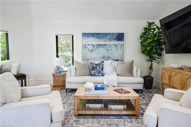 a living room with furniture a flat screen tv and a potted plant