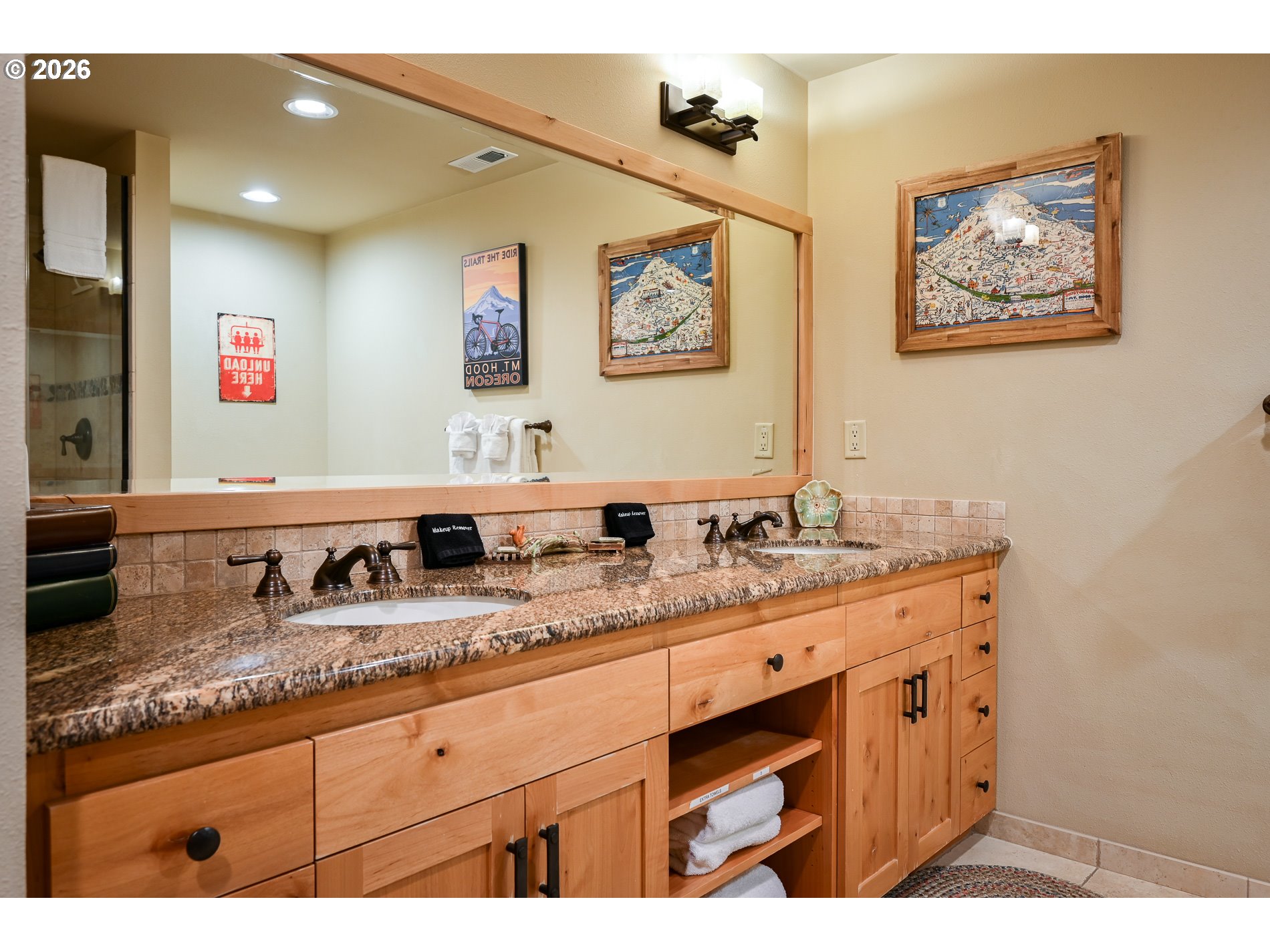 31250 East Collins Lake Road, Unit 6 Government Camp, OR 97028 - Photo 25 of 35 a bathroom with a granite countertop double vanity sink and a mirror