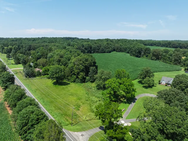 an aerial view of field with trees