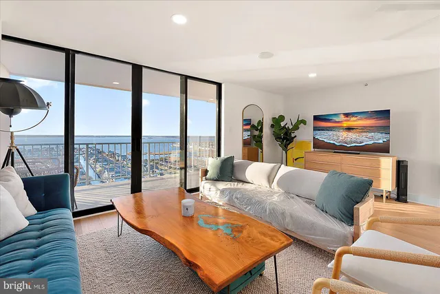 an aerial view of a city with lots of residential buildings and ocean view in back