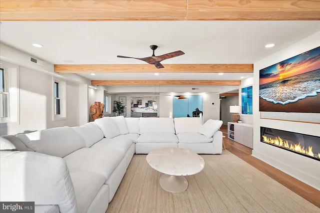 a living room with furniture a fireplace and a potted plant