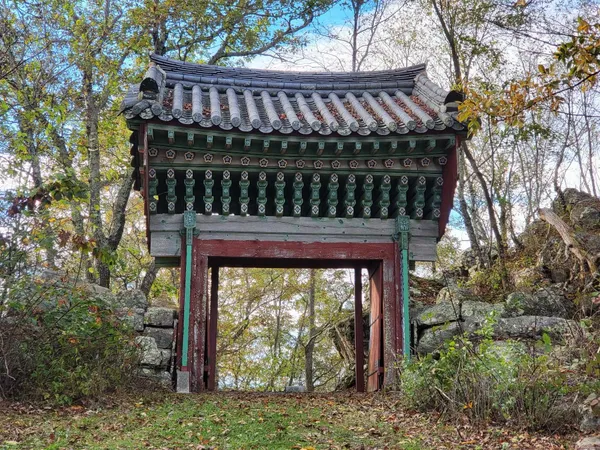 a view of a wooden house with a large window and yard