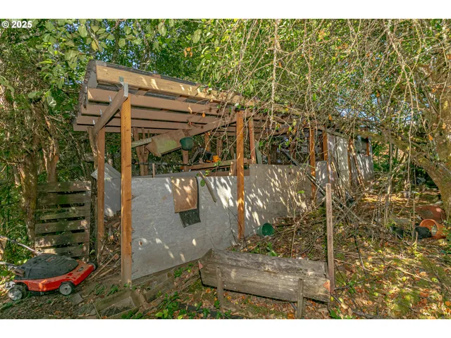 a backyard of a house with large trees and plants