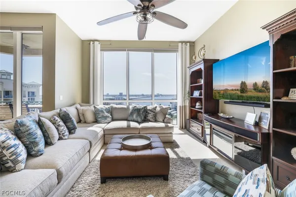a living room with furniture and a large window