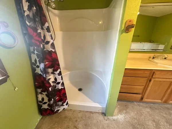a bathroom with a sink and a shower
