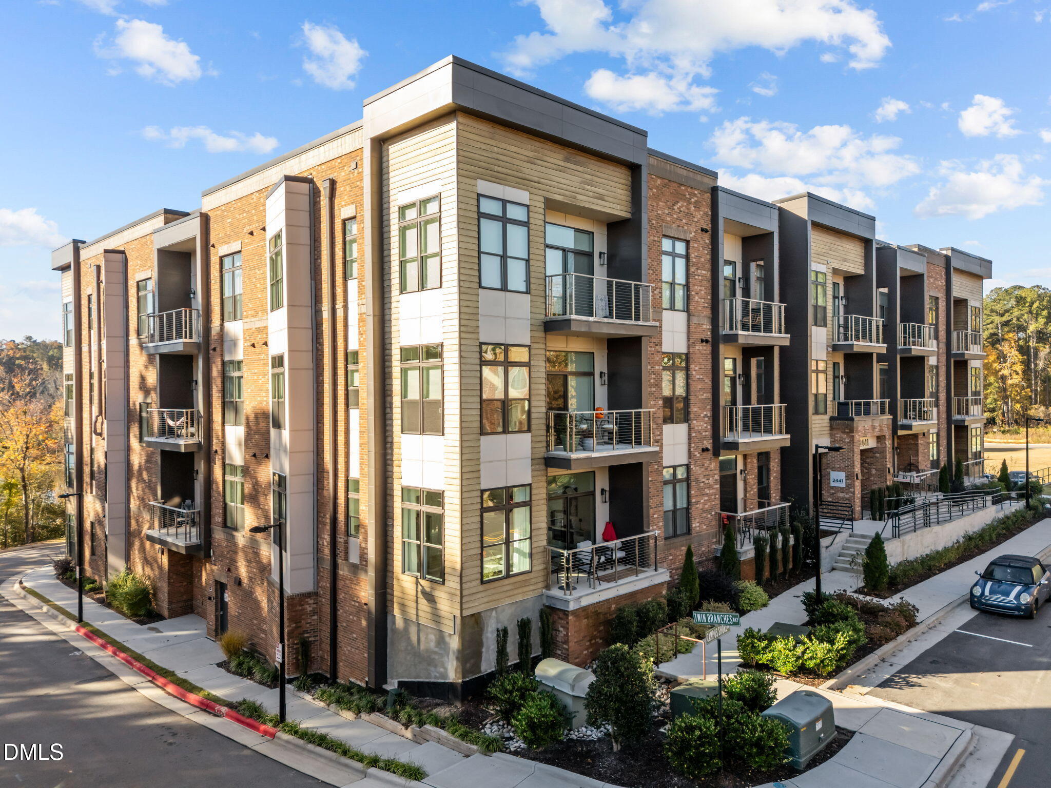 a front view of a building with street view