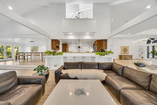 a large kitchen with stainless steel appliances a large counter top a stove a chimney a sink and a potted plant