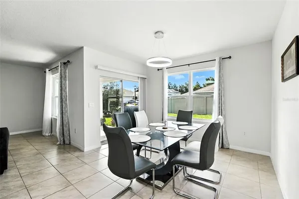 a view of a dining room with furniture window and outside view