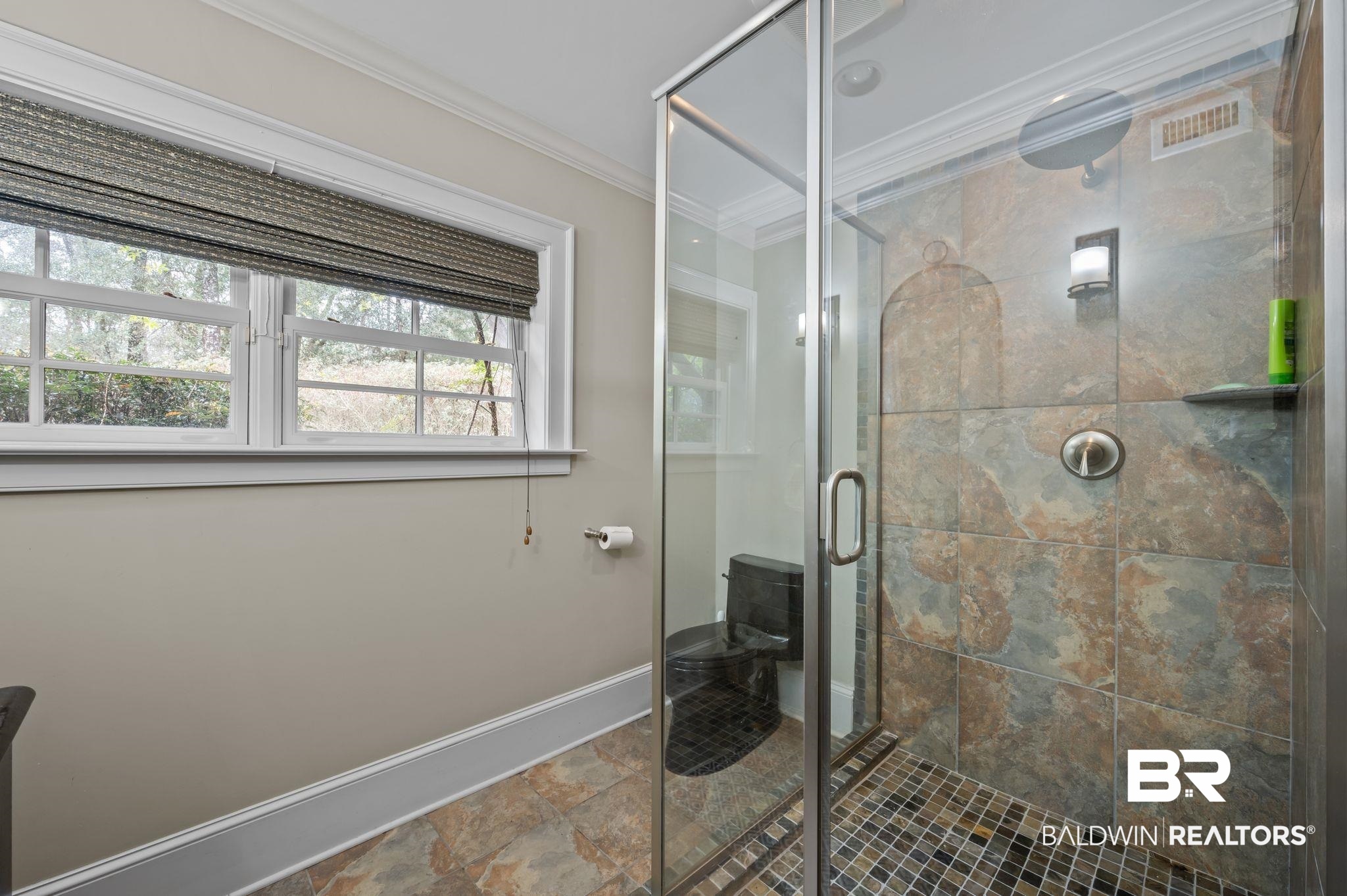 7850 Yorkhaven Road Mobile, AL 36695 - Photo 38 of 57 Full bathroom featuring baseboards, a stall shower, and ornamental molding