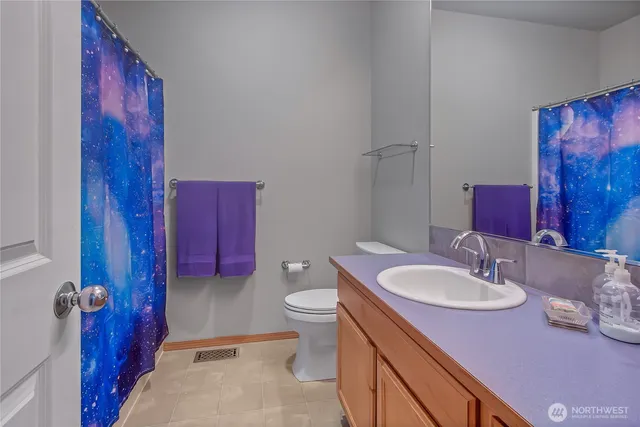 a bathroom with a sink a toilet and shower curtain
