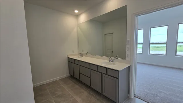 a bathroom with a double vanity sink mirror and shower
