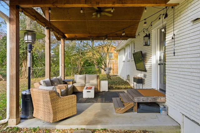 a outdoor space with the couches and dining table with the potted plant