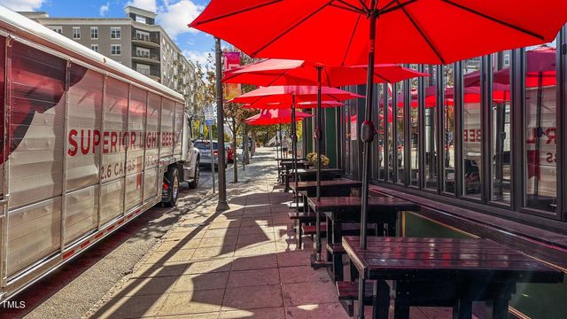 a view of a building and a street