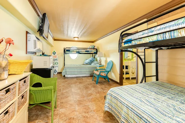 a view of an ocean and a building