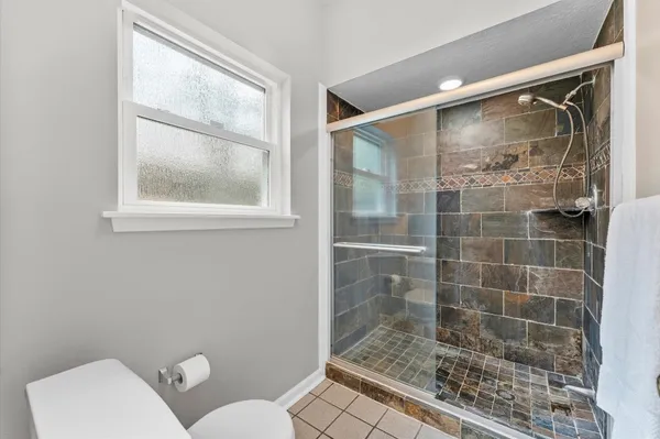 a bathroom with a shower and toilet