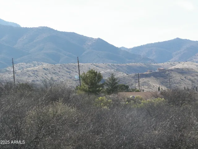 a view of a dry field with mountains in the background