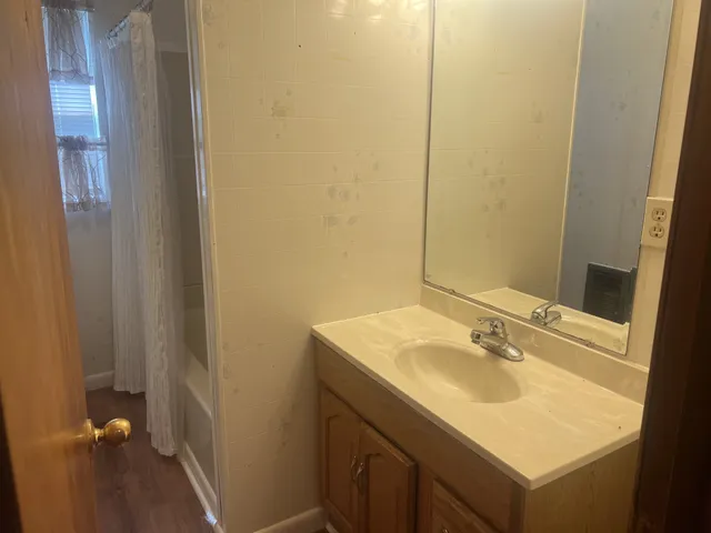 a bathroom with a sink and a mirror