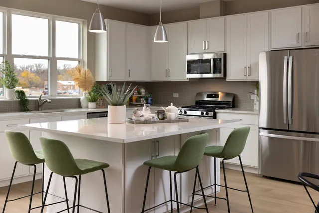 a kitchen with stainless steel appliances granite countertop a dining table chairs refrigerator and sink