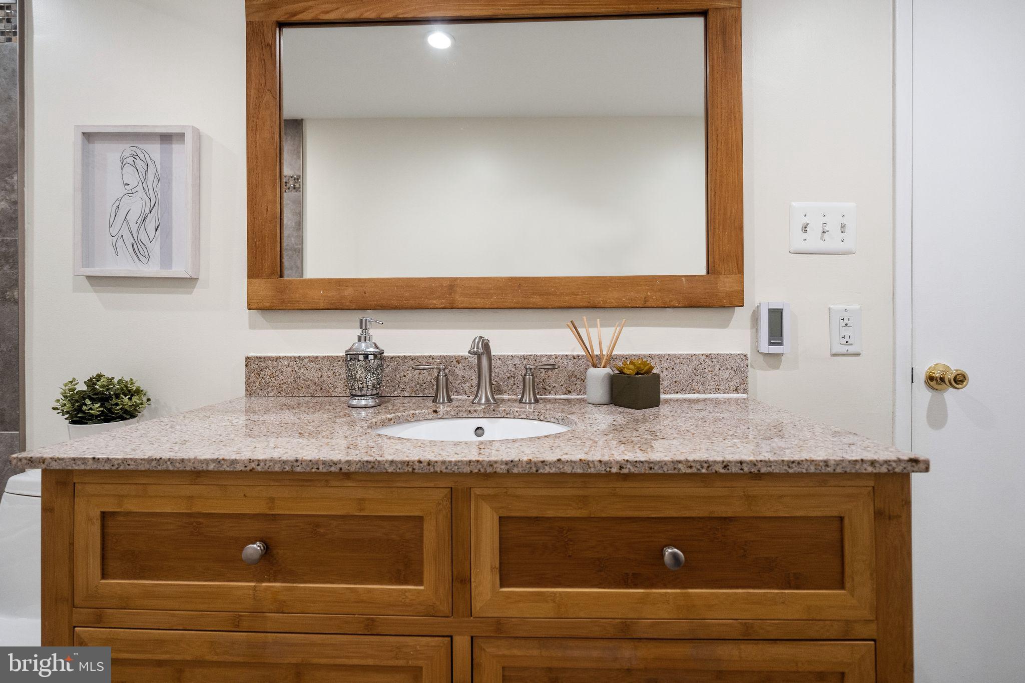3225 Grace Street Northwest, Unit 226 Washington, DC 20007 - Photo 26 of 45 a bathroom with a granite countertop sink and a mirror
