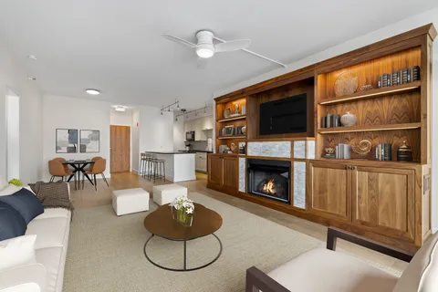 a living room with furniture a flat screen tv and a fireplace