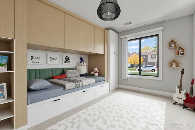 a bedroom with a bed and a large window