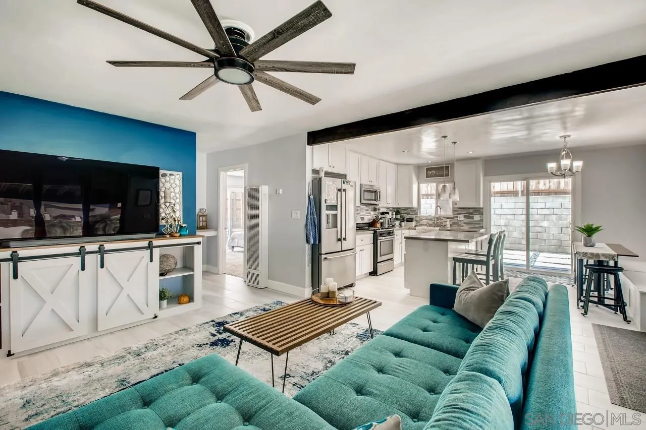 452 Concepcion Avenue Spring Valley, CA 91977 - Photo 6 of 25 a living room with furniture a ceiling fan and a kitchen view