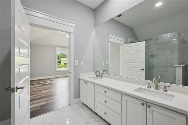 a view of cabinets and window