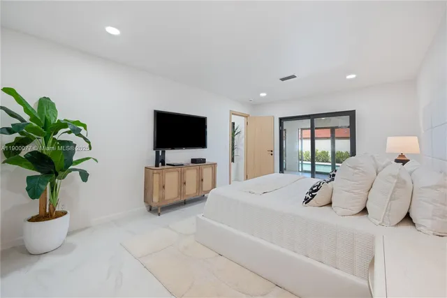 a bedroom with a bed and a flat screen television