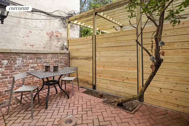 a backyard of a house with table and chairs