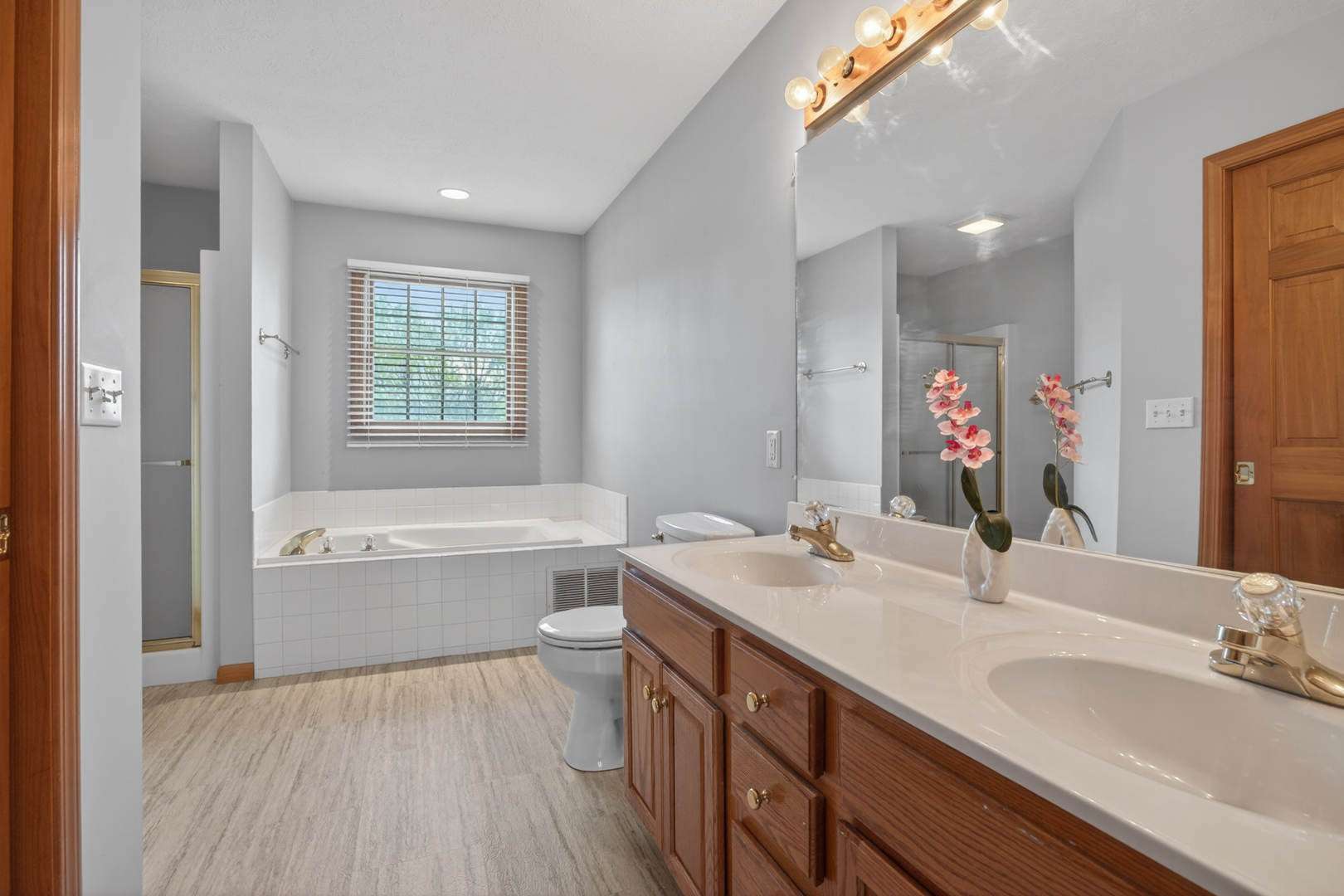 1503 Broad Creek Road Bloomington, IL 61704 - Photo 18 of 31 a bathroom with a granite countertop sink mirror and a bathtub