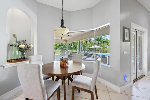 a view of a dining room with furniture window and outside view