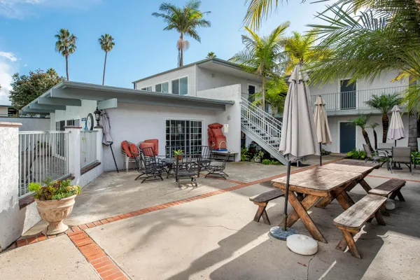 a front view of a house with patio
