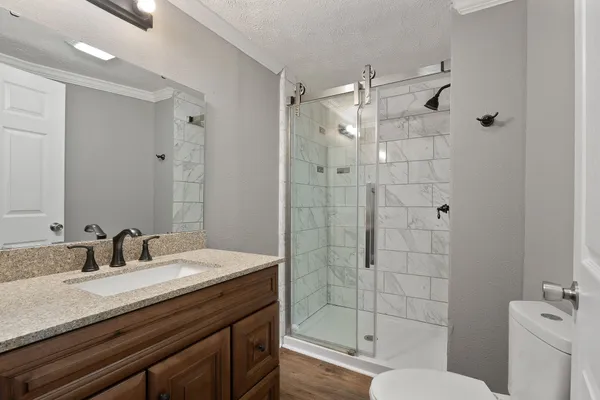 a bathroom with a granite countertop shower sink vanity mirror and toilet