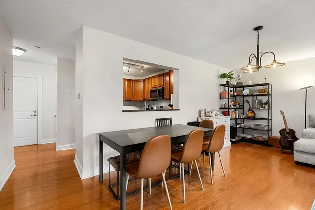 a view of a dining room with furniture