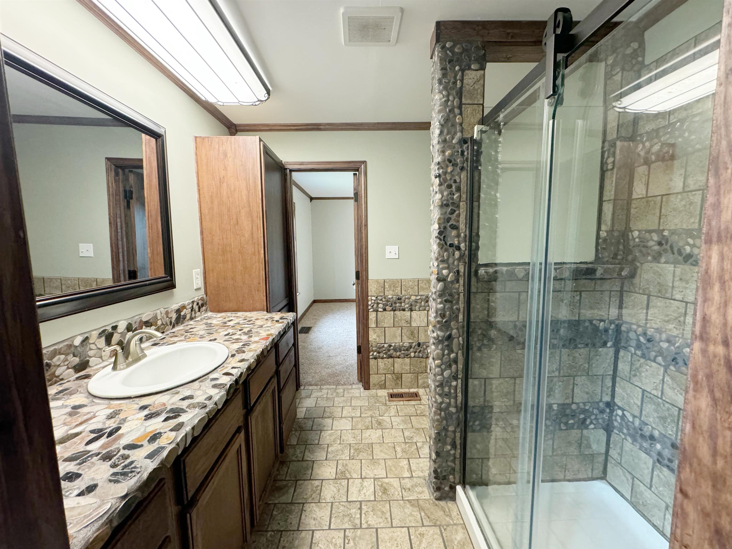 951 Sloan Road Burlison, TN 38015 - Photo 19 of 29 a bathroom with a granite countertop sink a mirror and shower