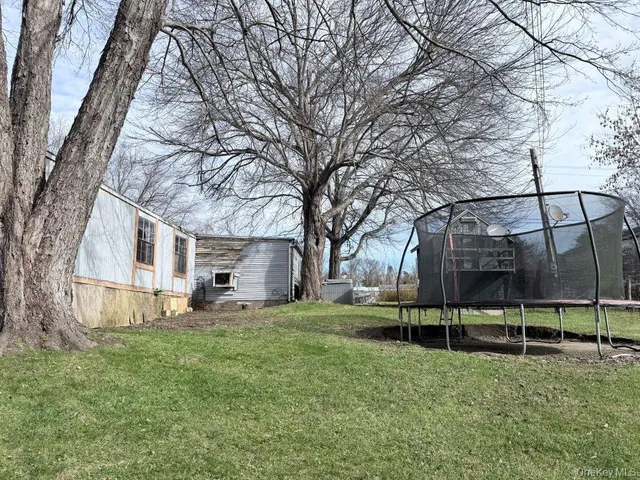 a view of a backyard with table and chairs and a large tree