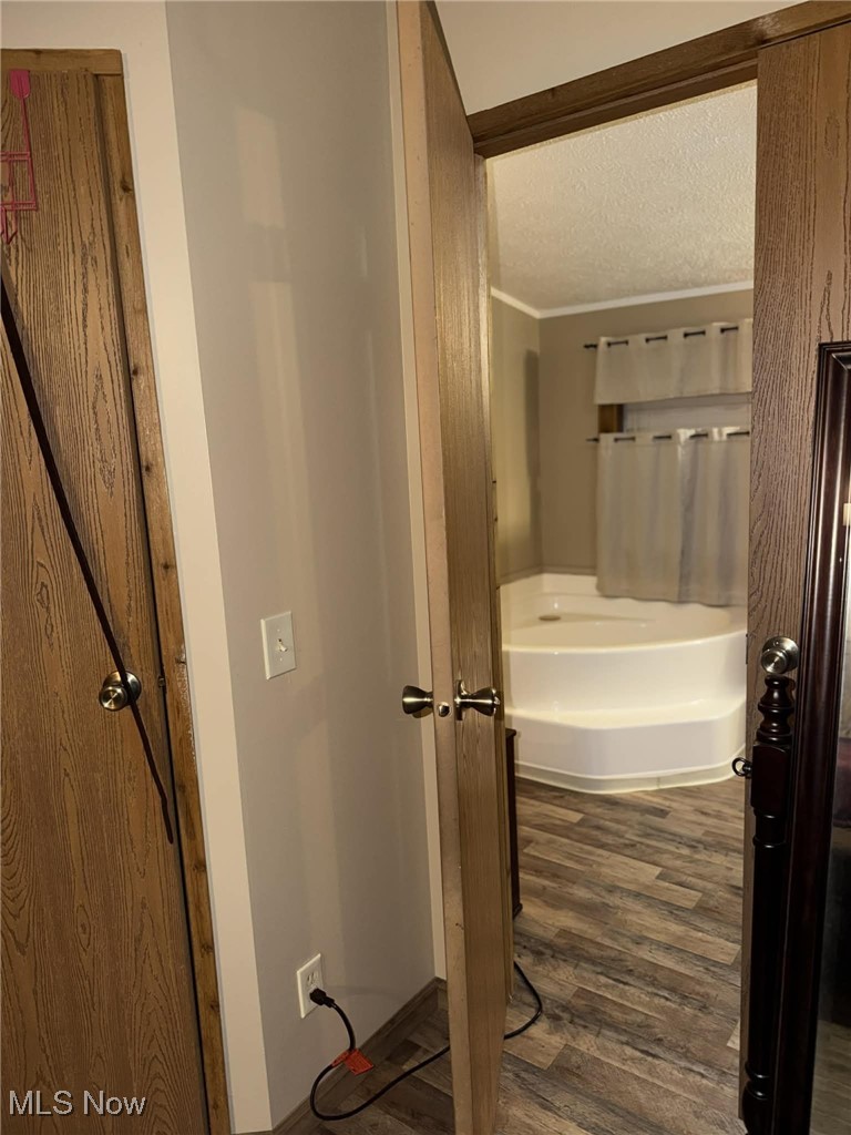 56 3rd Street Rayland, OH 43943 - Photo 46 of 46 Bathroom with dark wood-style floors, a textured ceiling, and a garden tub